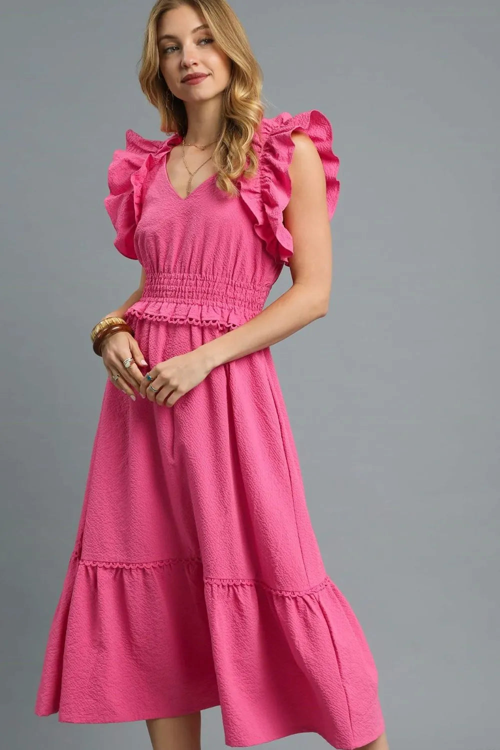 Umgee V-Neck Ruffled Cap Sleeve Midi Dress - Sydney So Sweet