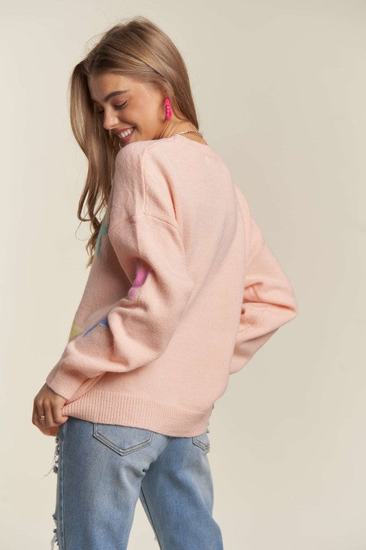 ADORA Stars Pattern Round Neck Drop Shoulder Sweater - Sydney So Sweet