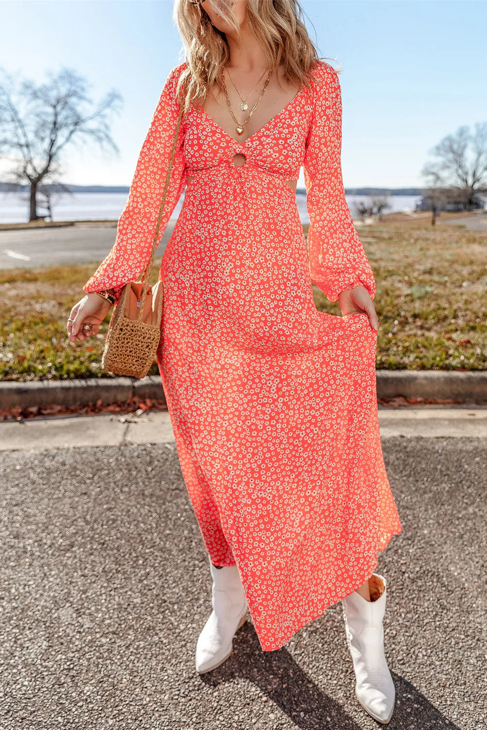 Printed V-Neck Long Sleeve Midi Dress - Sydney So Sweet