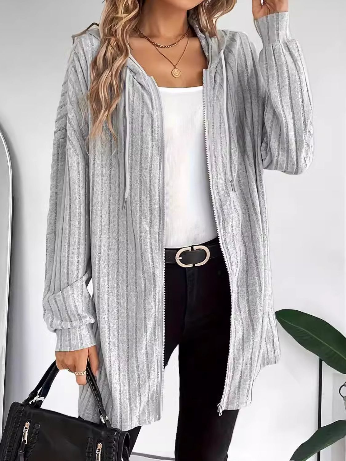 Ribbed Zip Up Dropped Shoulder Jacket - Sydney So Sweet