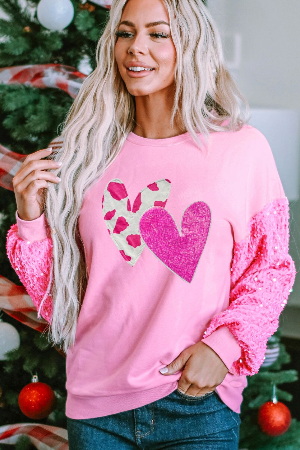 Valentine’s Day Sequin Heart Long Sleeve Sweatshirt - Sydney So Sweet