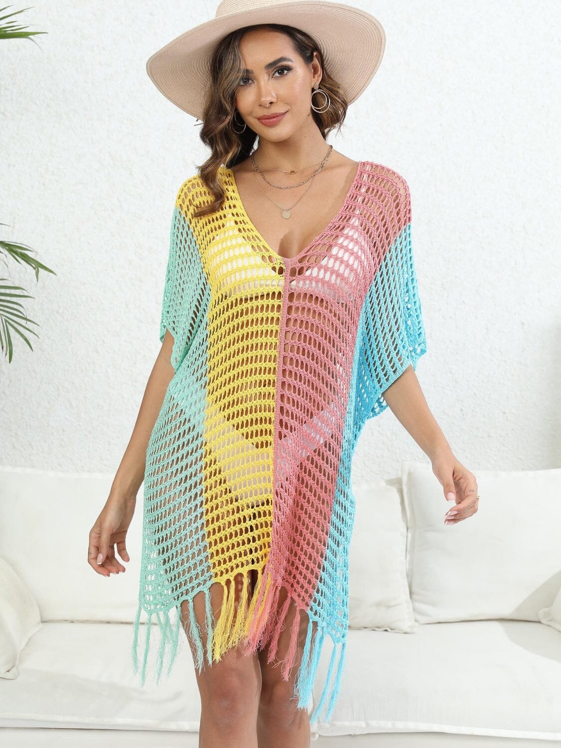 Fringe Color Block Scoop Neck Cover Up - Sydney So Sweet