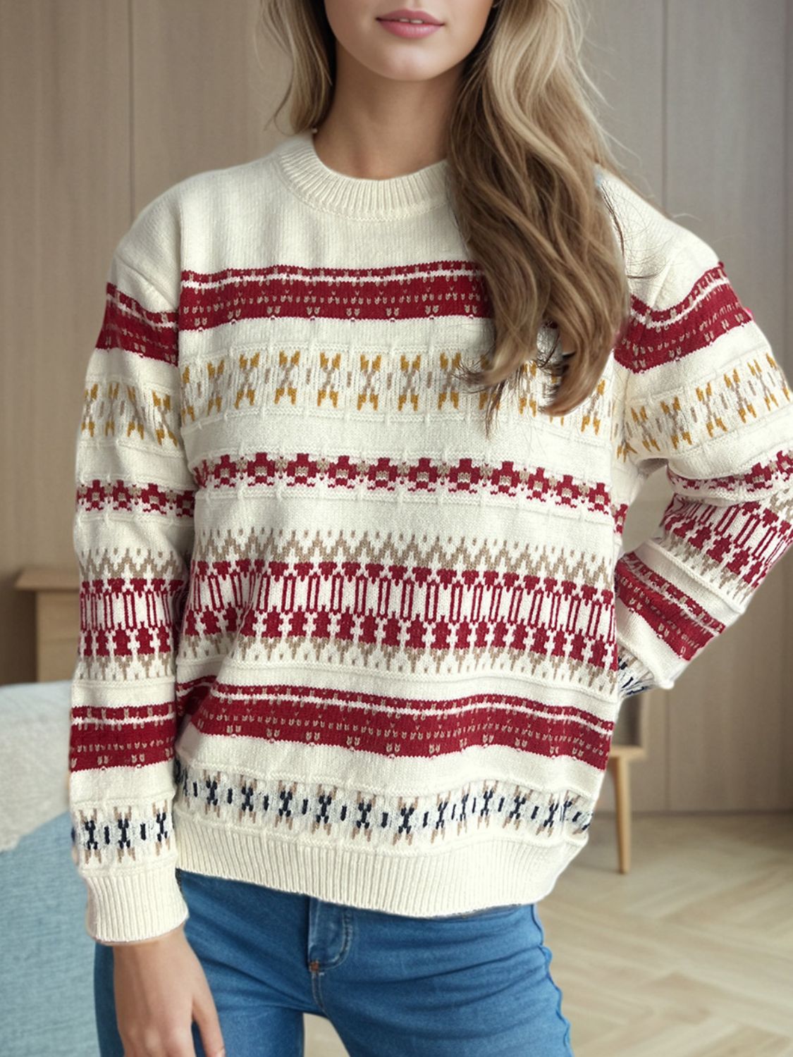 Geometric Round Neck Long Sleeve Sweater - Sydney So Sweet