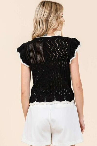 Mittoshop Openwork Contrast Trim Ruffled Cap Sleeve Knit Top - Sydney So Sweet
