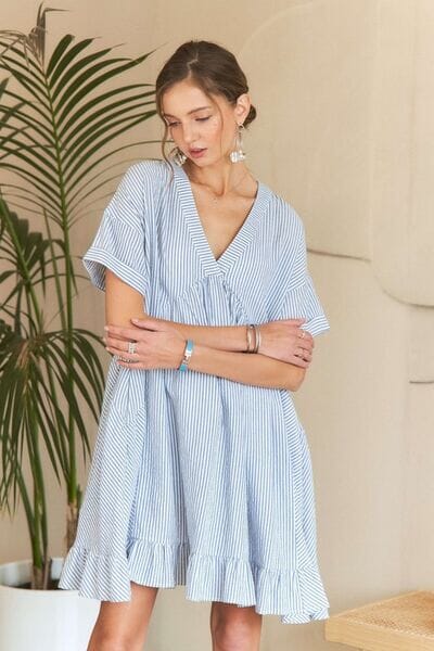 ADORA Ruffled Hem Striped V-Neck Babydoll Dress - Sydney So Sweet