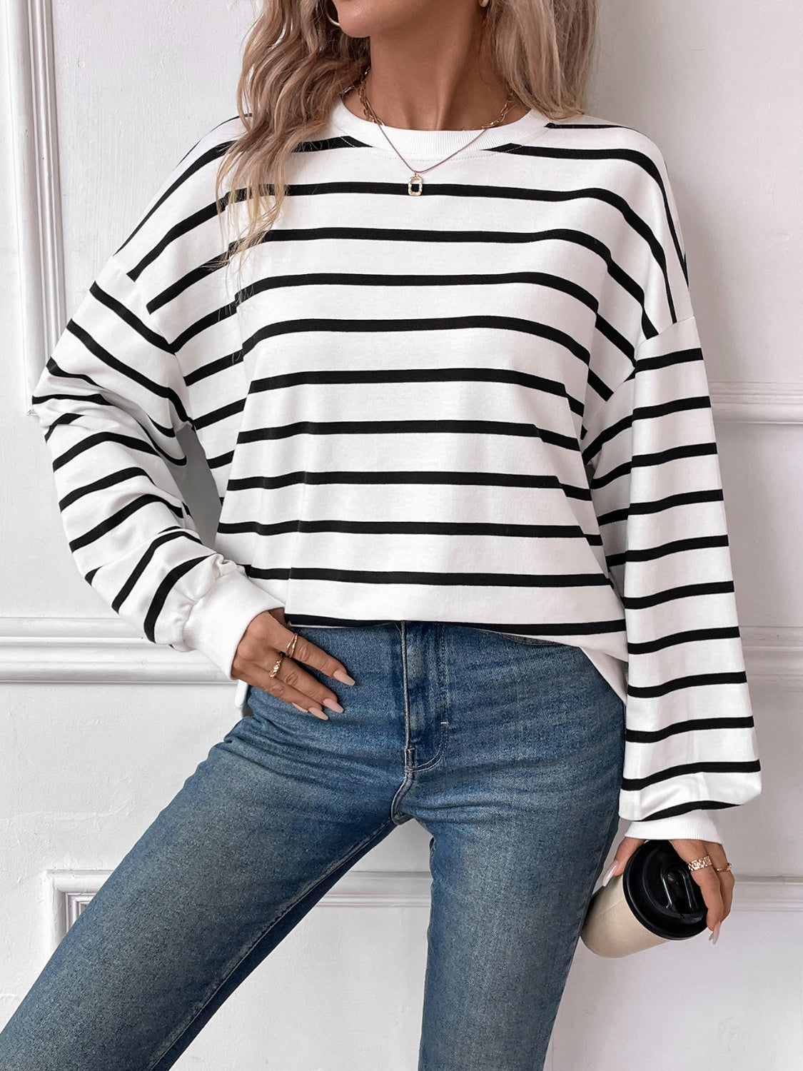 Striped Round Neck Long Sleeve Sweatshirt - Sydney So Sweet