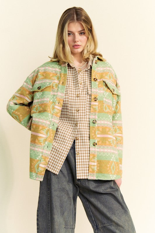 Davi &amp; Dani High-Low Geometric Long Sleeve Shacket with Pockets - Sydney So Sweet