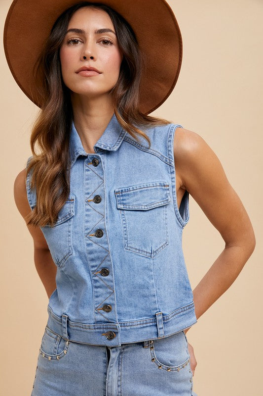 Annie Wear Collared Neck Button Down Denim Vest - Sydney So Sweet