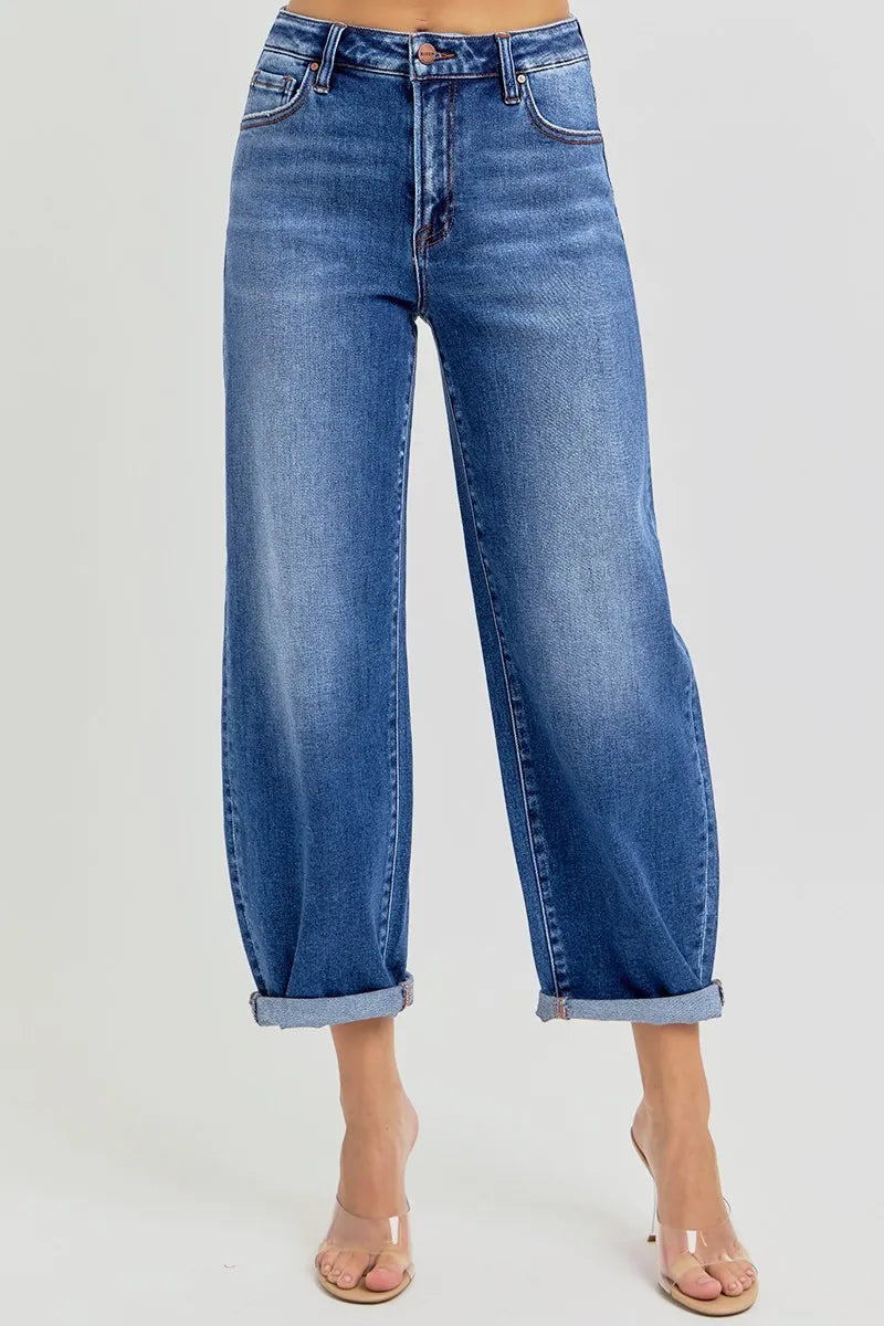 RISEN Full Size High Rise Crop Mild Barrel Jeans Plus Size - Sydney So Sweet