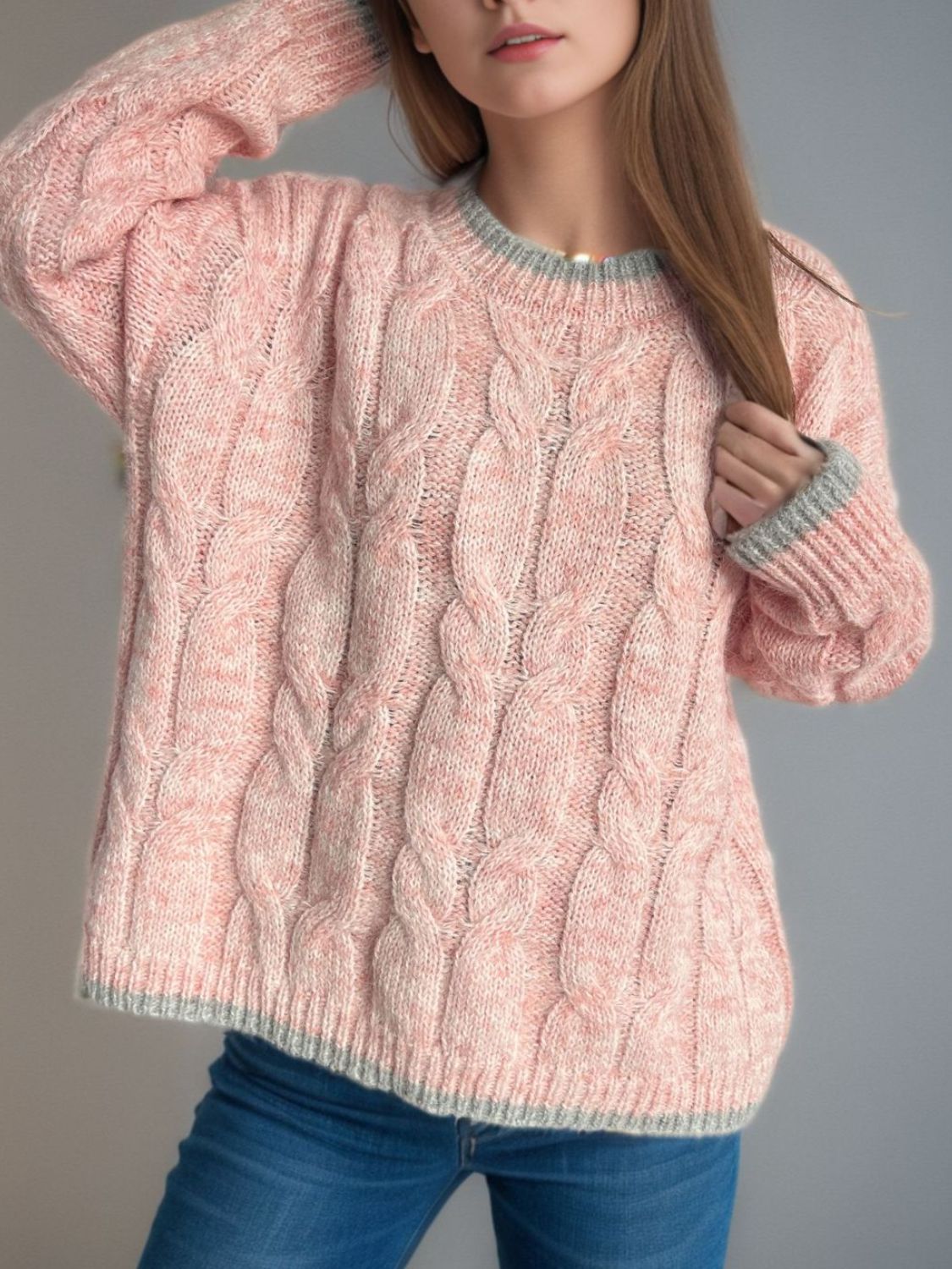 Cable Knit Round Neck Long Sleeve Sweater - Sydney So Sweet