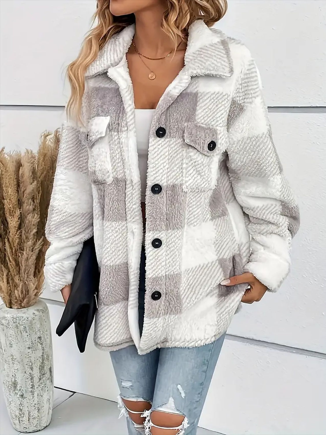 Plaid Dropped Shoulder Long Sleeve Plush Coat - Sydney So Sweet