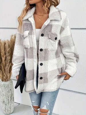 Plaid Dropped Shoulder Long Sleeve Plush Coat - Sydney So Sweet