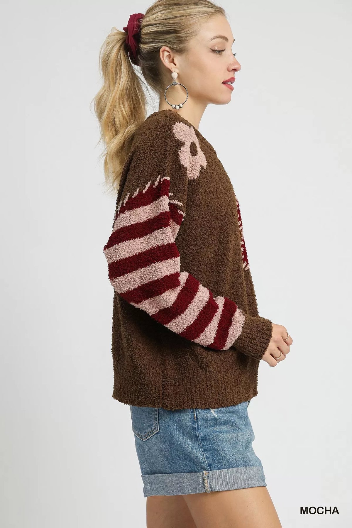 Umgee Flower Jacquard Striped Long Sleeve Sweater - Sydney So Sweet