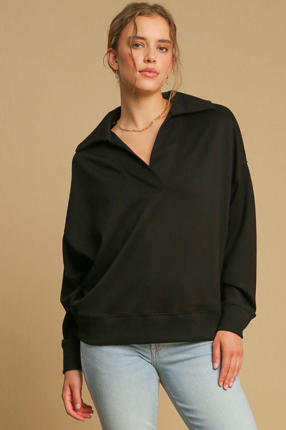 Umgee Johnny Collar Dropped Shoulder Sweatshirt - Sydney So Sweet