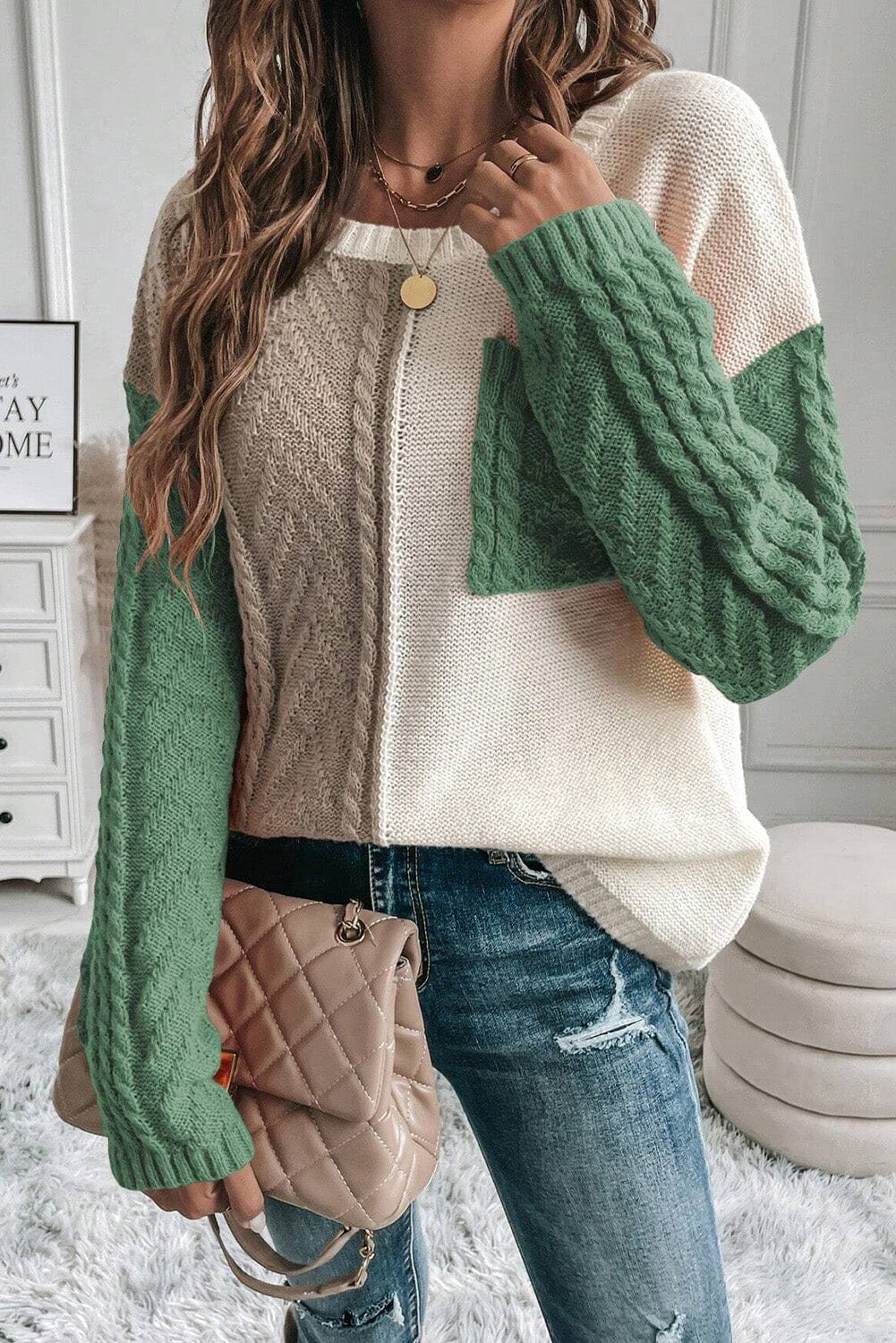 Color Block Round Neck Long Sleeve Sweater - Sydney So Sweet