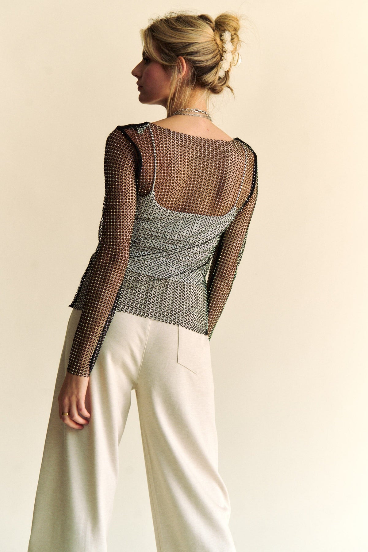 Davi & Dani Sparkling Rhinestone Sheer Mesh Round Neck Top - Sydney So Sweet