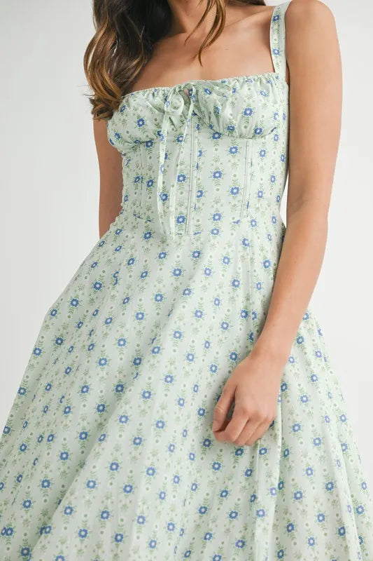 MABLE Floral Print Bustier Back Lace Up Midi Dress - Sydney So Sweet