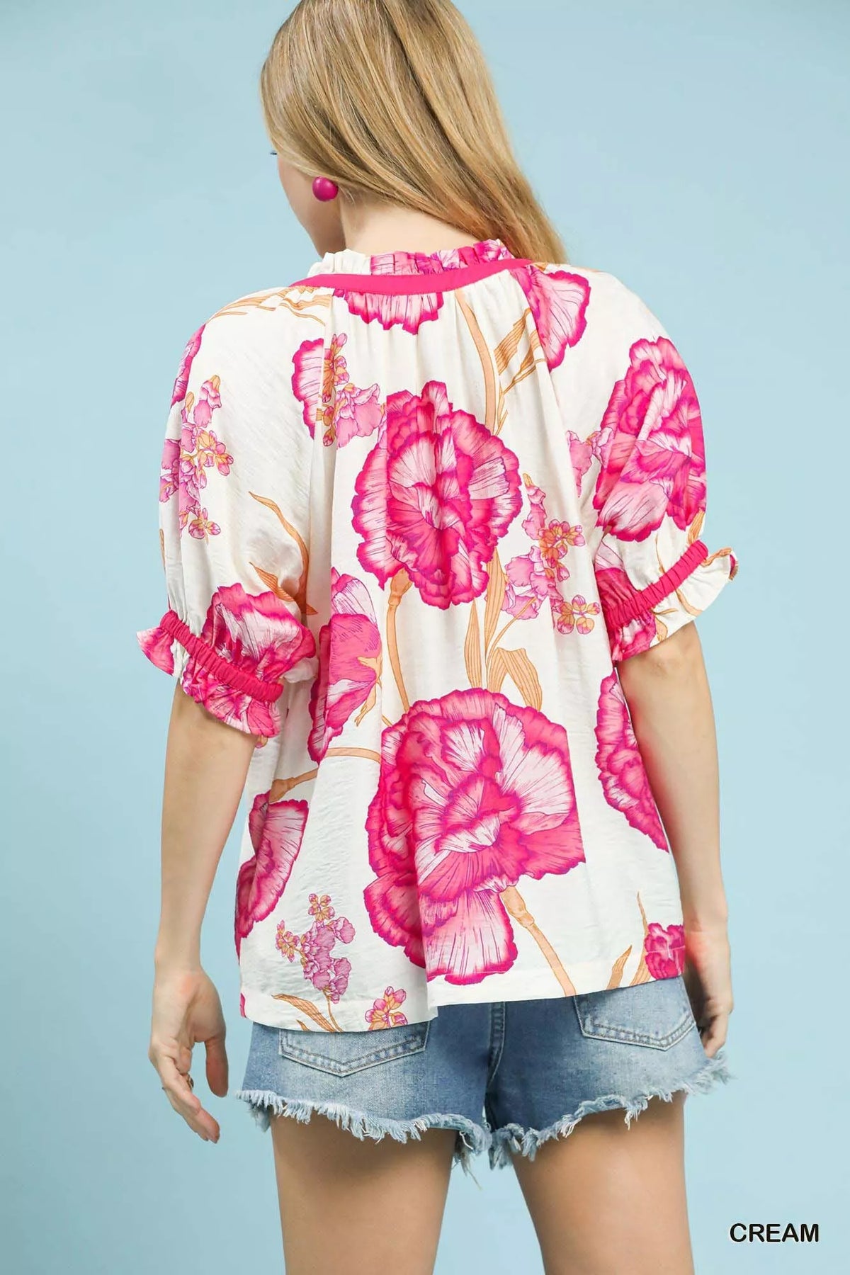Umgee Floral V-Neck Puff Sleeve Blouse - Sydney So Sweet