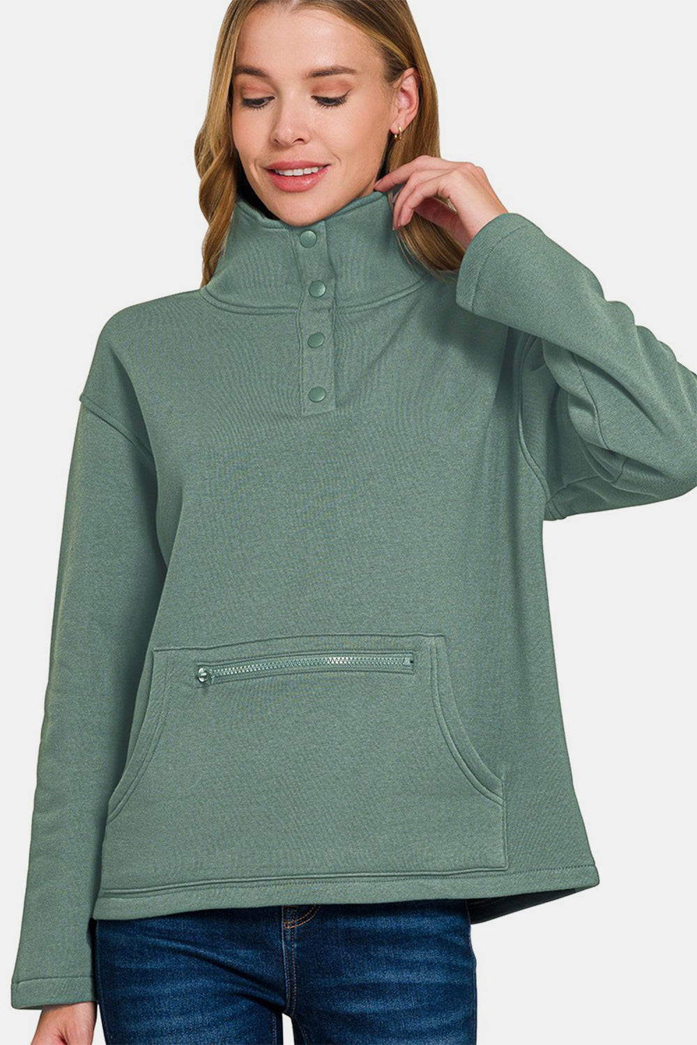 Zenana Turtleneck Half Snap Fleece Sweatshirt - Sydney So Sweet