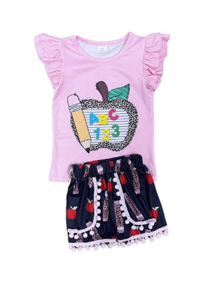 ABC 123 Apple Pink Girls Pom Shorts Back to School Outfit - Sydney So Sweet