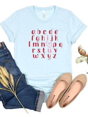 Alphabet ABC I Love You Valentine's Day Women's Jersey Short Sleeve Graphic Tee - 8 Colors - Sydney So Sweet