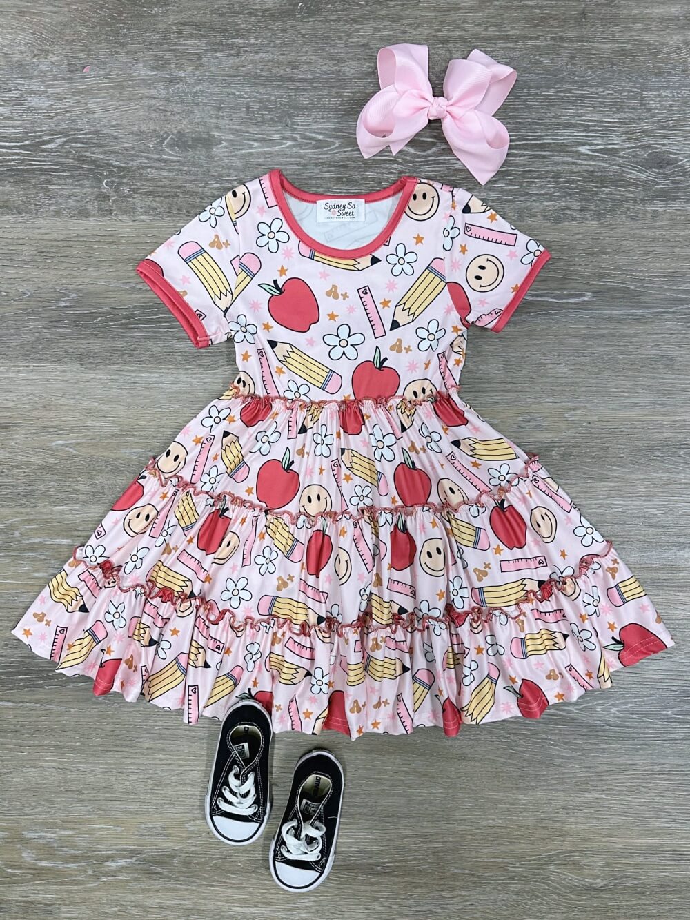 A+ Apple & Pencil Tiered Ruffle Back to School Dress