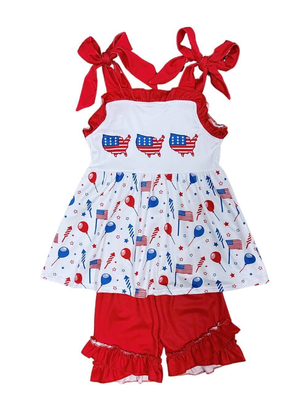 Across America Girls Red Ruffle Bow Tank Shorts Outfit - Sydney So Sweet