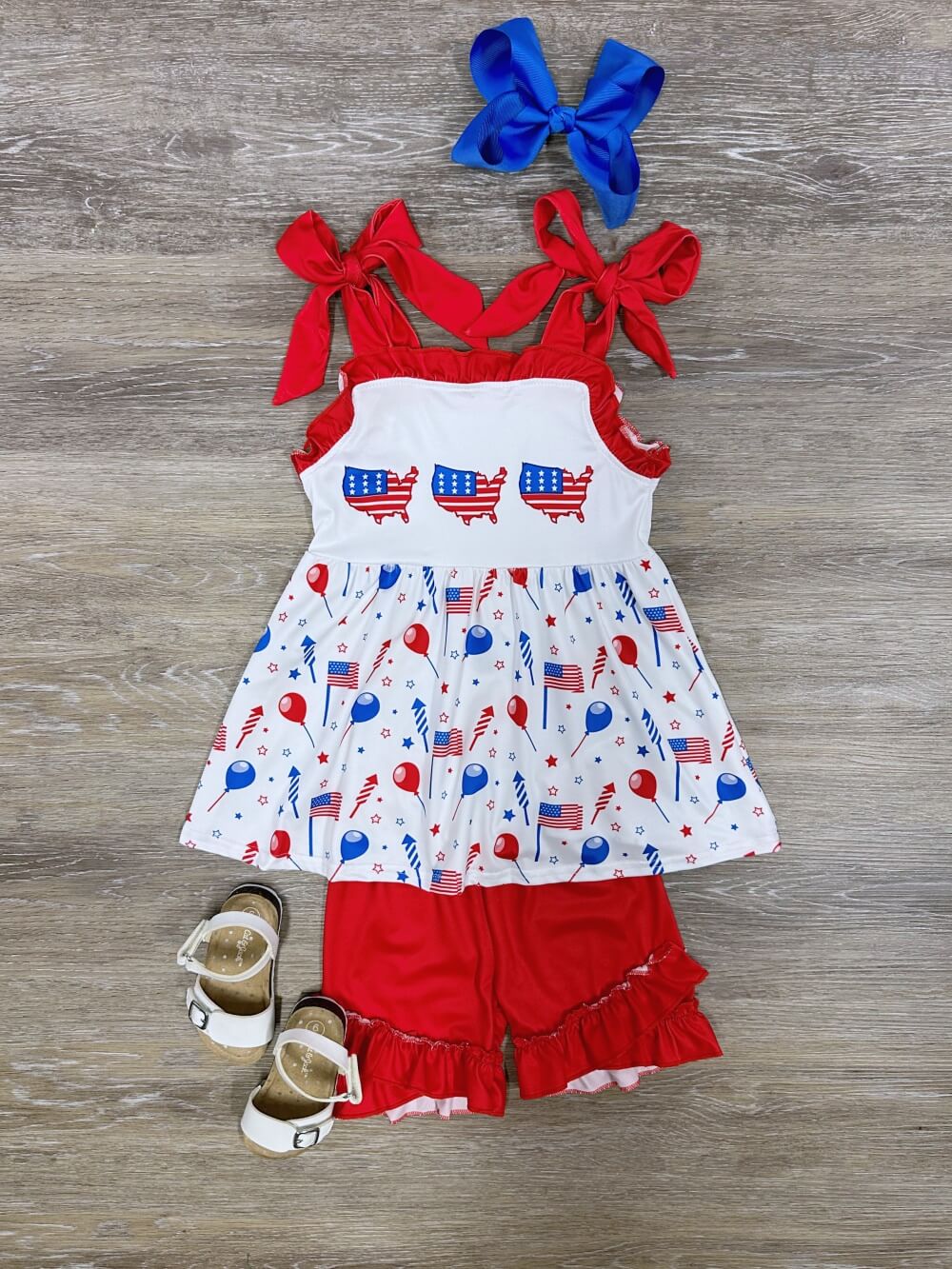 Across America Girls Red Ruffle Bow Tank Shorts Outfit - Sydney So Sweet