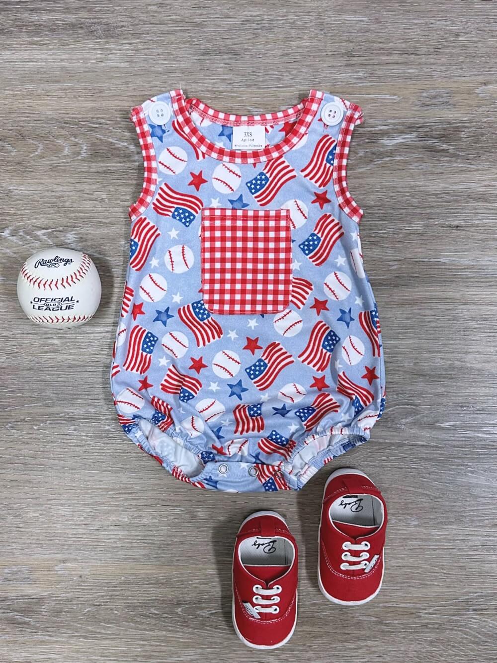 All-American Slugger Baby Patriotic Baseball Bubble Romper - Sydney So Sweet