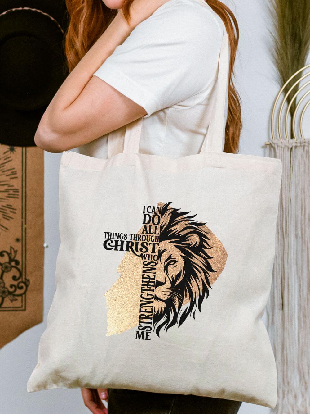 All Things Through Christ Christian Lion Cotton Canvas Tote Bag