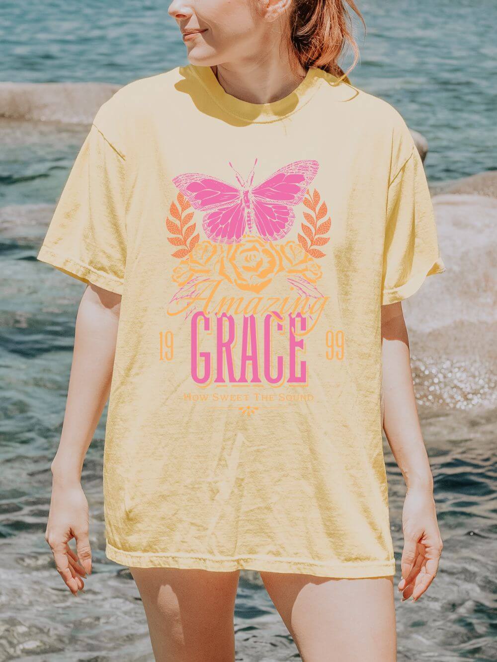 Amazing Grace Butterfly Graphic T-Shirt Vintage Christian Summer Tee