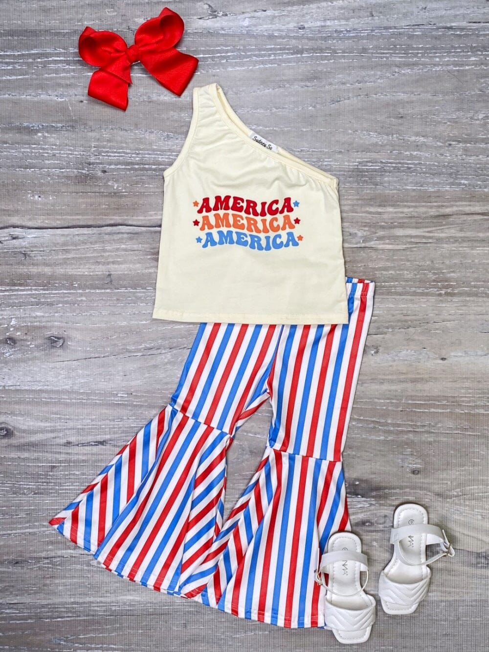 America Red White & Blue Stripe One Shoulder Bell Bottom Girls Patriotic Outfit - Sydney So Sweet