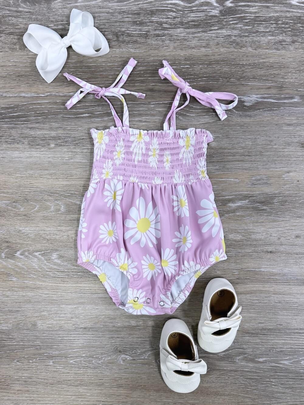 Among the Daisies Lavender Tie Sleeve Smocked Girls Baby Bubble Romper - Sydney So Sweet