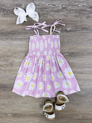 Among the Daisies Lavender Tie Sleeve Smocked Girls Dress - Sydney So Sweet