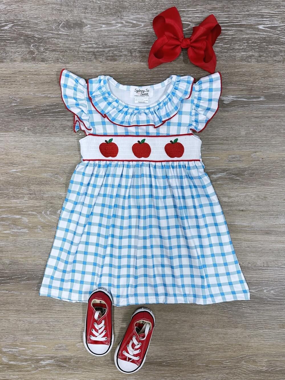 An Apple a Day Blue Check Back to School Dress