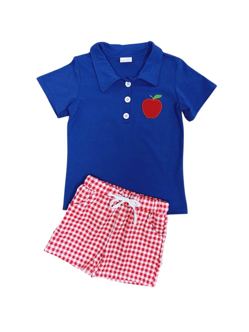 Apple Polo Shirt & Red Gingham Shorts Boys Back to School Outfit - Sydney So Sweet