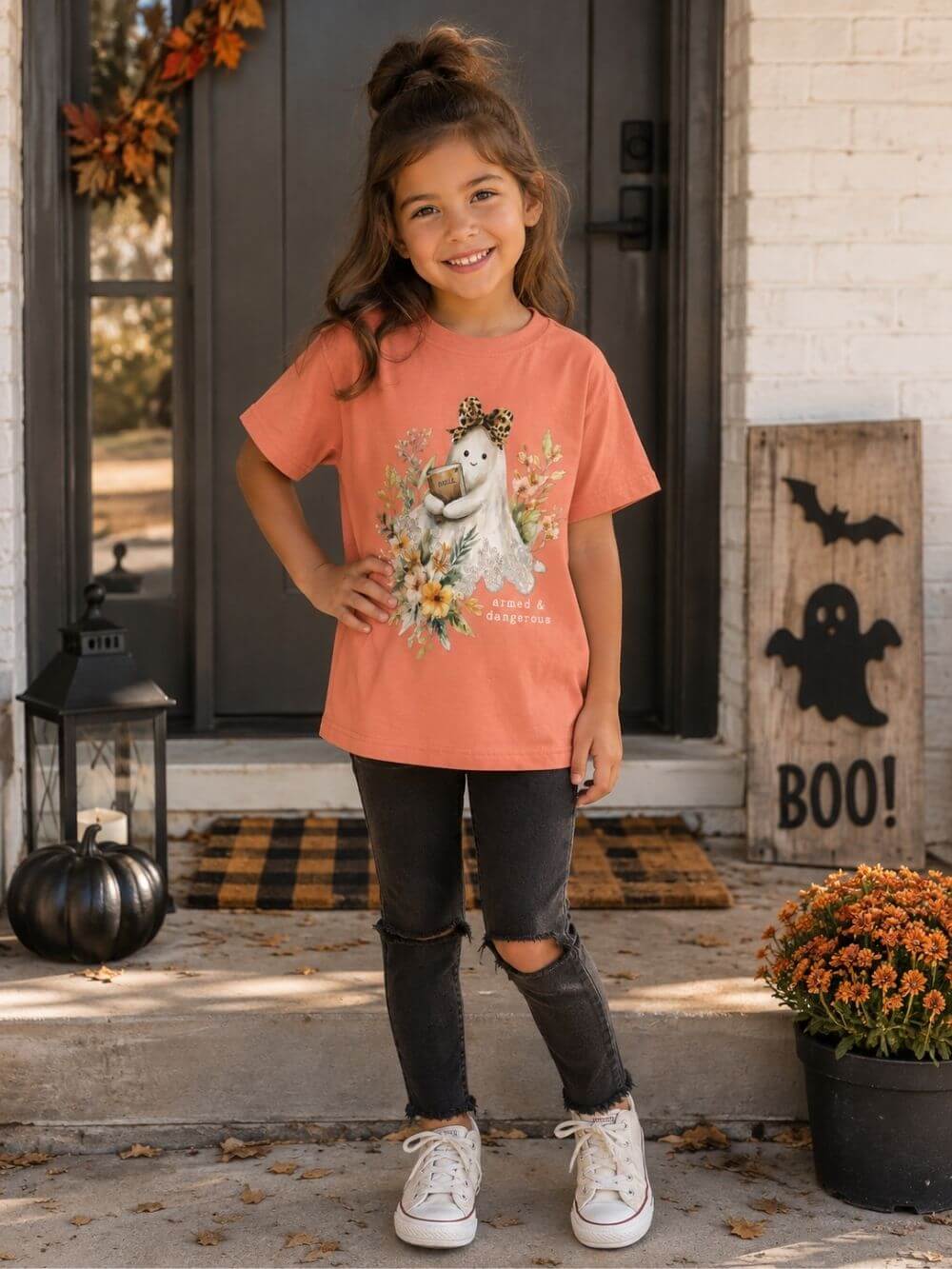 Bible Ghost Floral Tee Armed & Dangerous Cute Halloween Kids Graphic T-Shirt