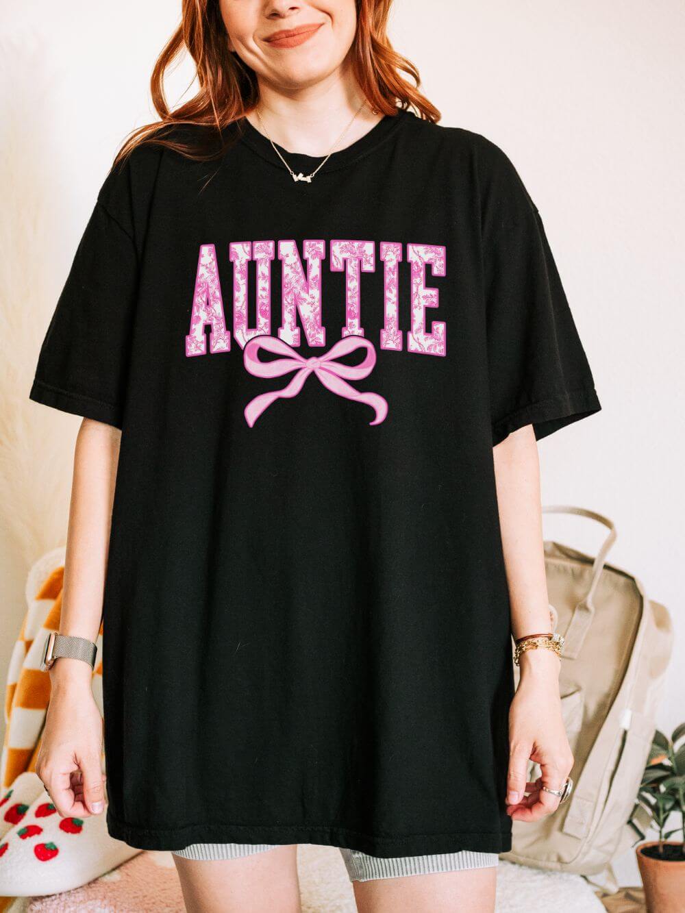 Auntie Coquette Pink Toile Bow T-Shirt Cute Aunt Graphic Tee