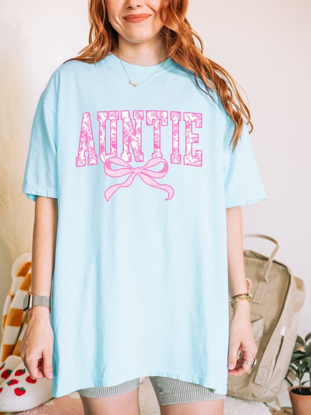 Auntie Coquette Pink Toile Bow T-Shirt Cute Aunt Graphic Tee