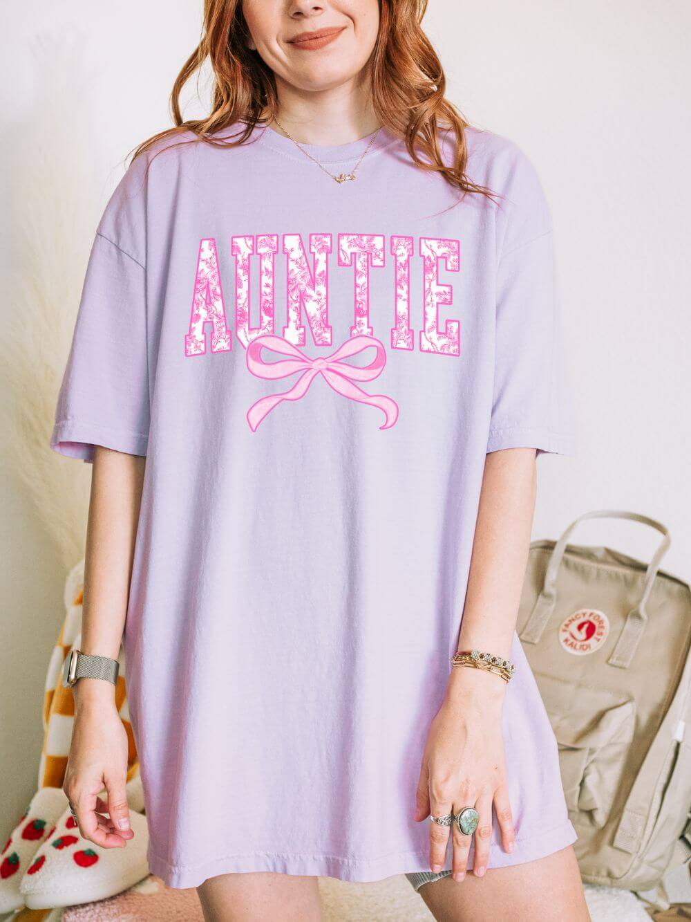 Auntie Coquette Pink Toile Bow T-Shirt Cute Aunt Graphic Tee