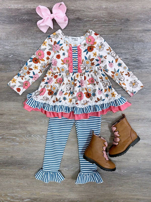 Autumn Blooms Blue Stripe Girls Leggings Outfit - Sydney So Sweet