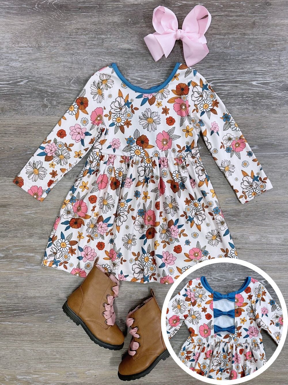 Autumn Blooms Blue Trim Long Sleeve Girls Dress - Sydney So Sweet