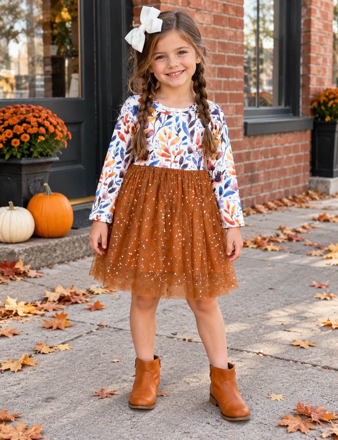 Autumn Breeze Leaf Print Girls Tutu Dress