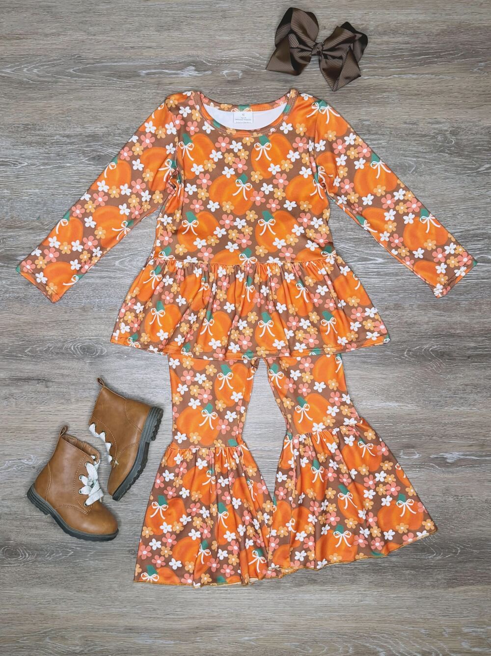 Autumn Pumpkin Floral Girls Bell Bottoms Outfit