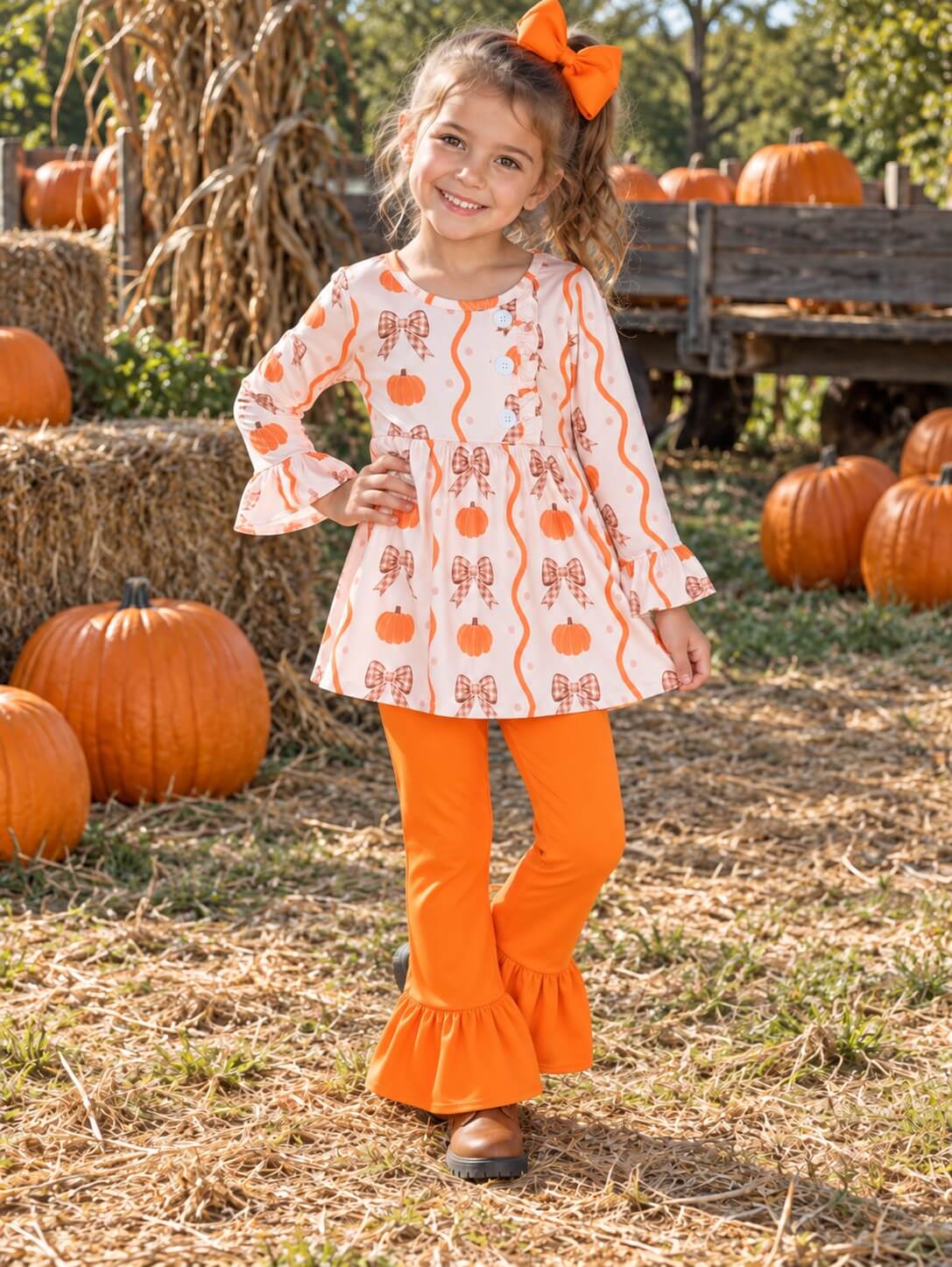 Autumn Pumpkins & Bows Girls Ruffle Pants Outfit