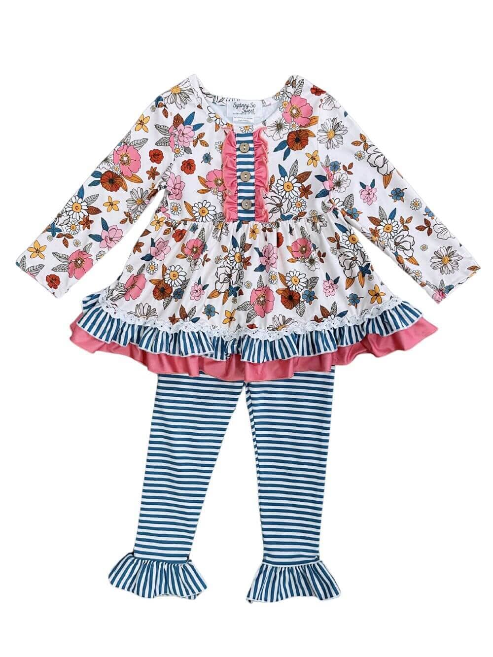 Autumn Blooms Blue Stripe Girls Leggings Outfit - Sydney So Sweet