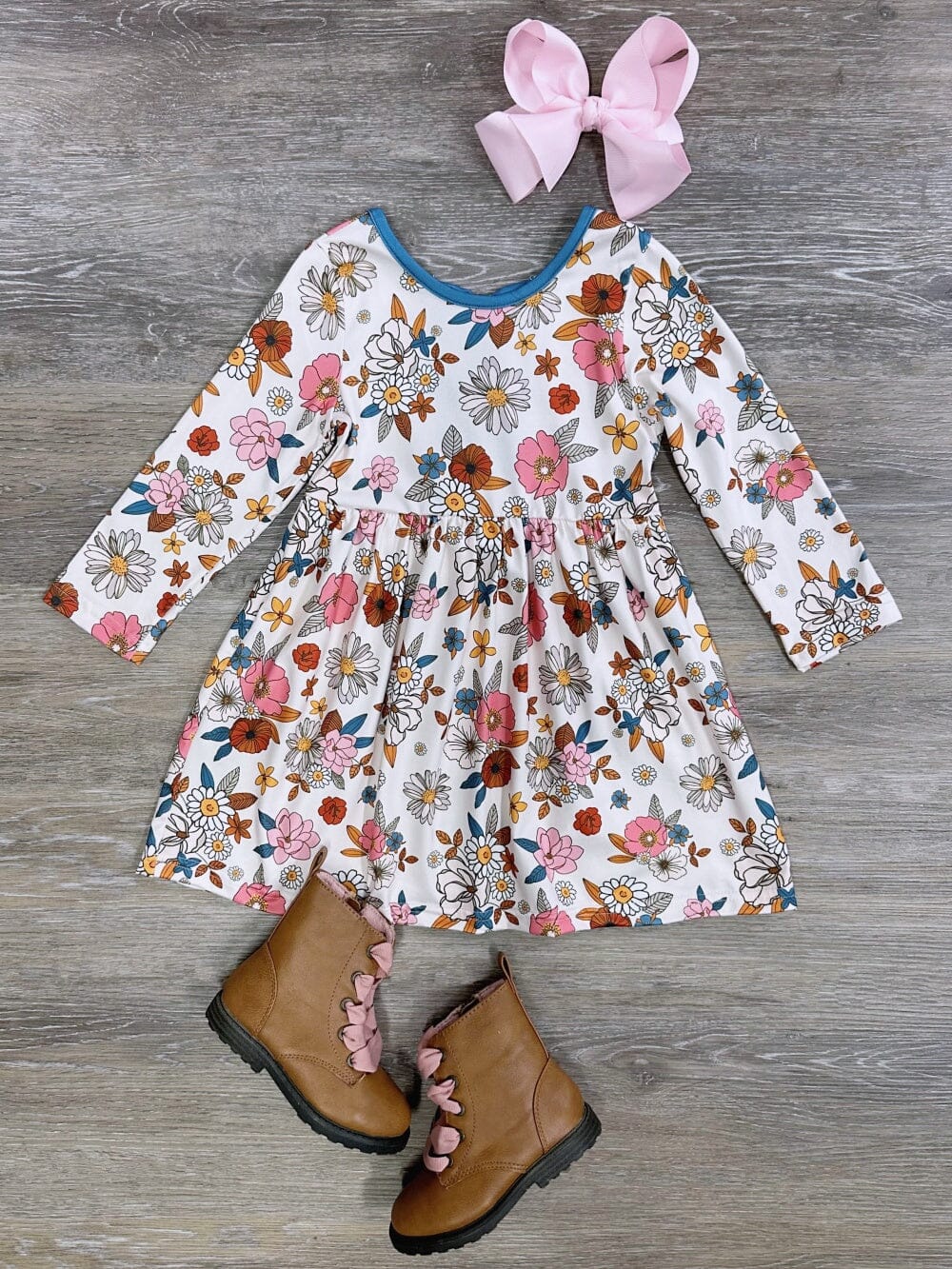 Autumn Blooms Blue Trim Long Sleeve Girls Dress - Sydney So Sweet