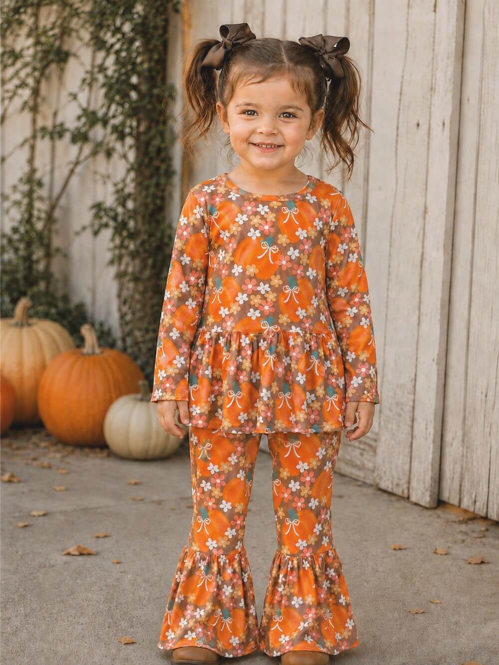 Autumn Pumpkin Floral Girls Bell Bottoms Outfit