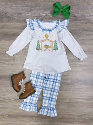 Away in a Manger Blue Plaid Girls Christmas Outfit - Sydney So Sweet