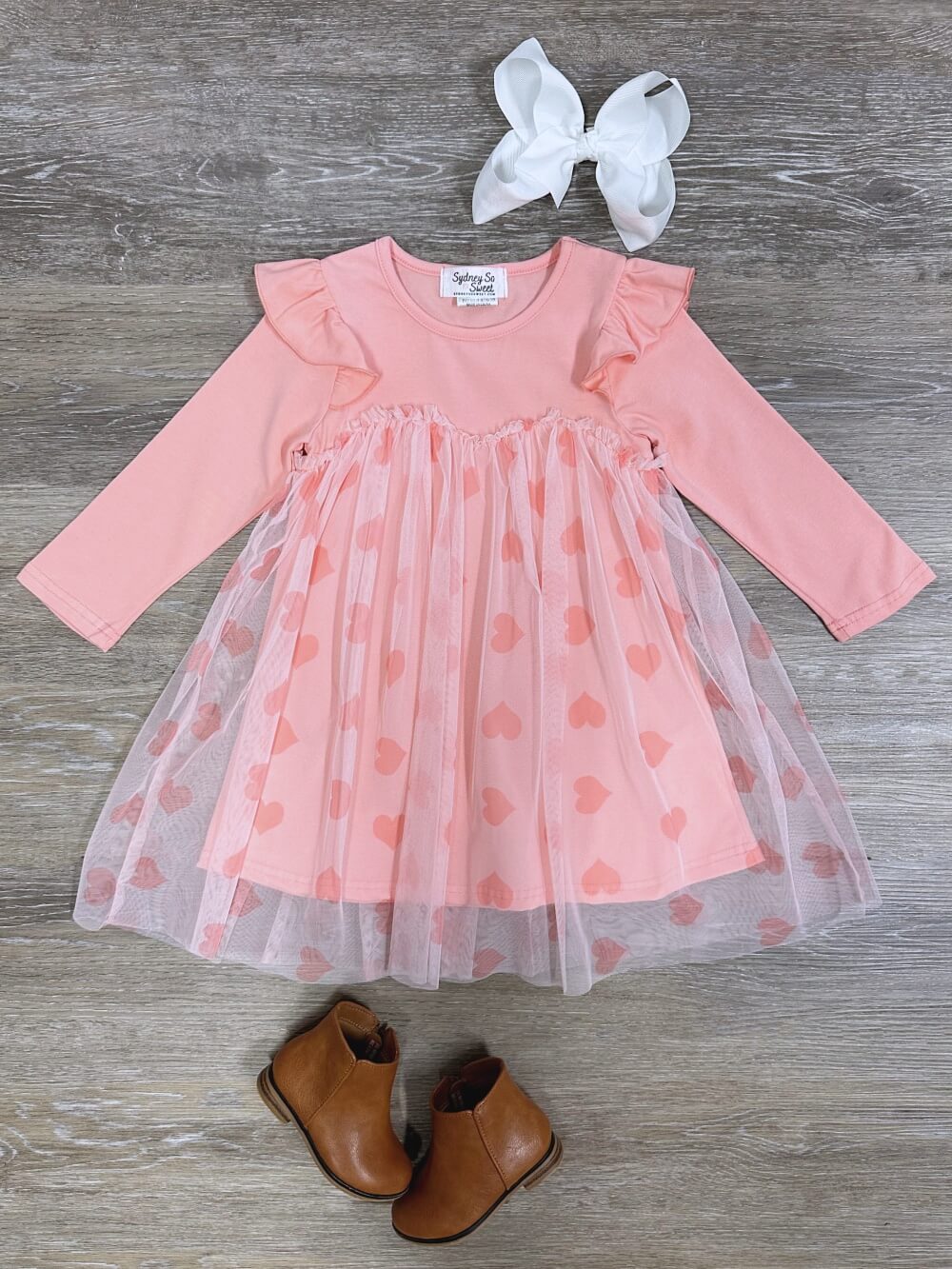 Baby Pink Hearts Tulle Chiffon Ruffle Girls Dress